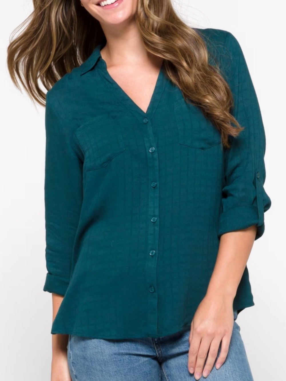 Skies are Blue Kennedy Mixed Material Button Down Top, Blouse, Size XXL. BLue